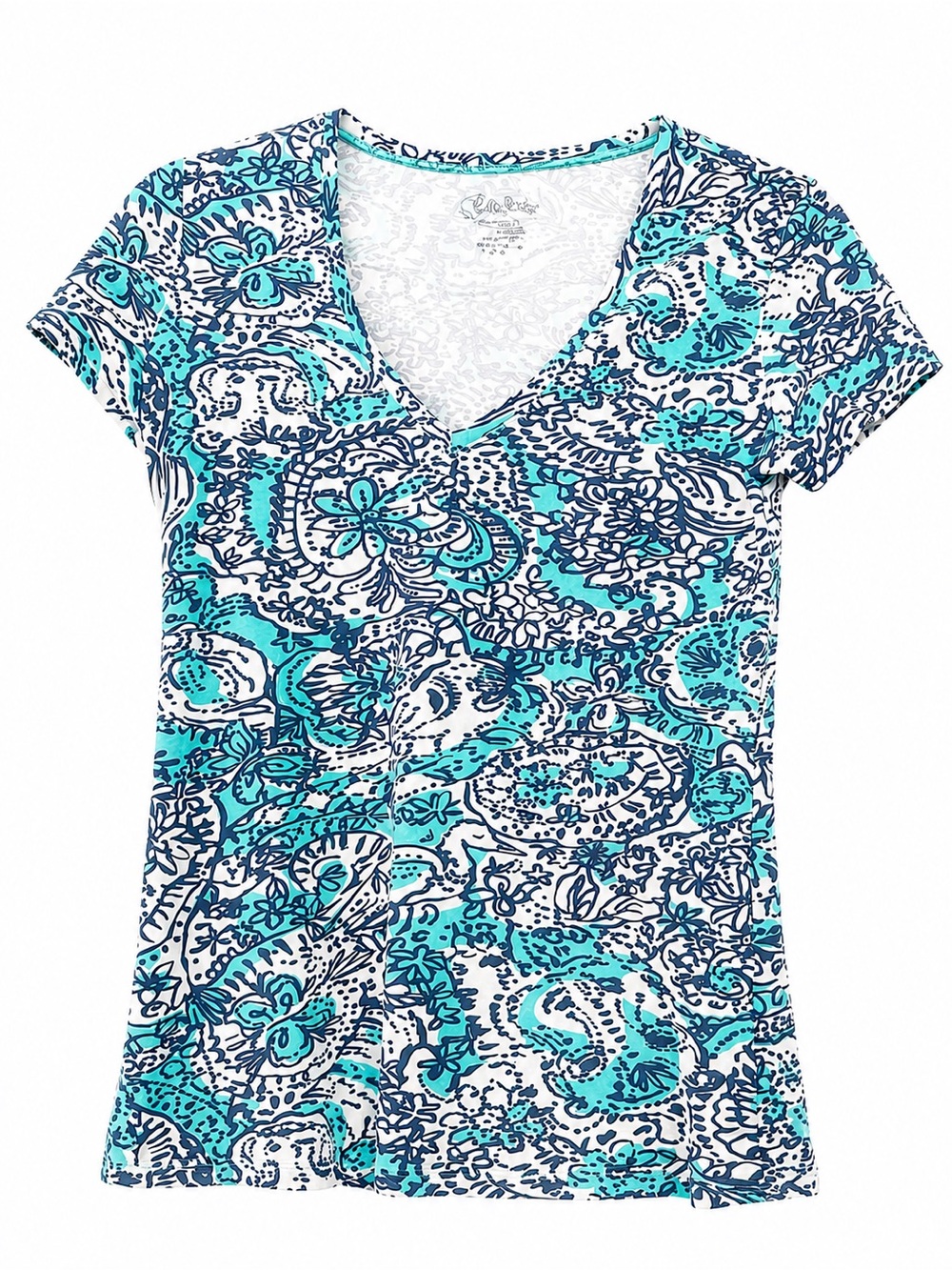 Lilly Pulitzer Turquoise & Navy Paisley V-Neck Tee